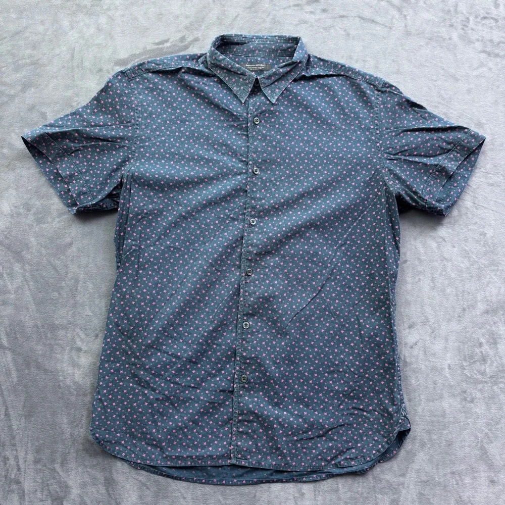 Banana Republic Mens Camden Fit 078 Wash Short Sleeve Shirt Navy Pink Floral M